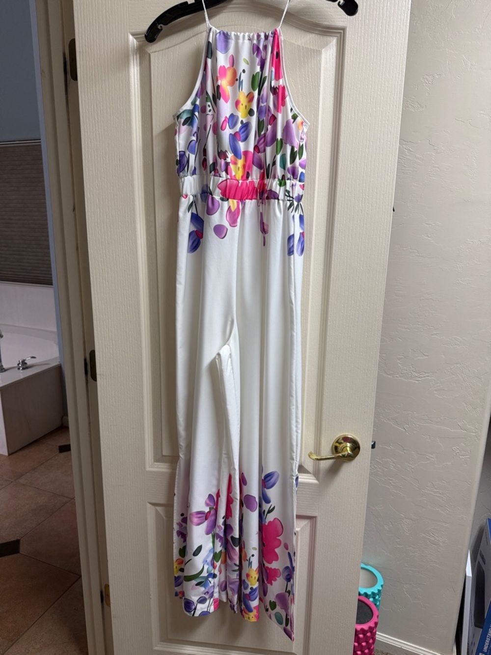 SHEIN White Floral Halter Wide-Leg Jumpsuit